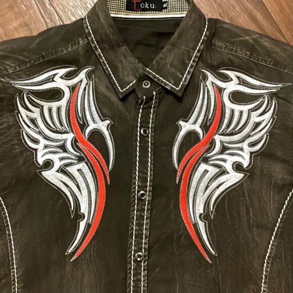 Toku Long Sleeve Button Down Embellished Western Shirt in Washed Brown XL - Picture 5 of 10